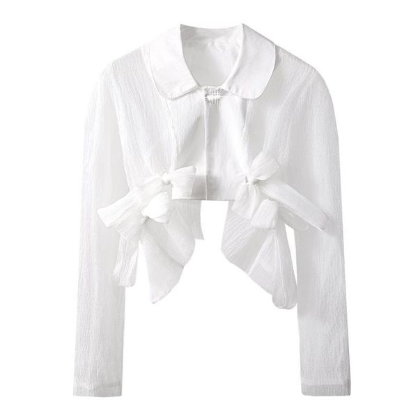 

women's blouses & shirts ladies white casual temperament shirt long-sleeved single-breasted patchwork bow irregular hem short 2021