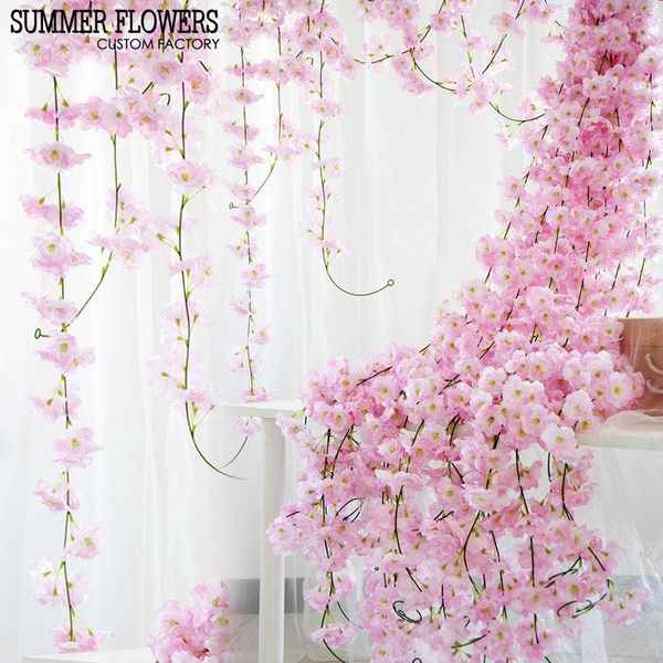 

200cm sakura cherry rattan wedding arch decoration vine artificial flowers home party decor silk ivy wall hanging garland flower decorative