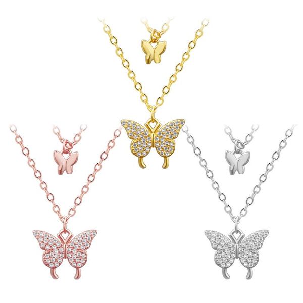 

pendant necklaces big small two flash drilling butterfly cubic zirconia clavicle double layer chain necklace choker korean jewelry, Silver