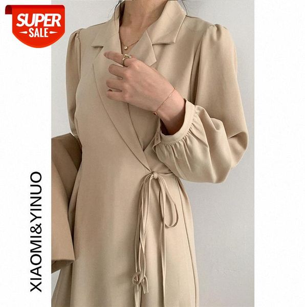 

[ou fan] 7476 long suit collar windbreaker dress women temperament coat skirt #sc9k, Black;gray