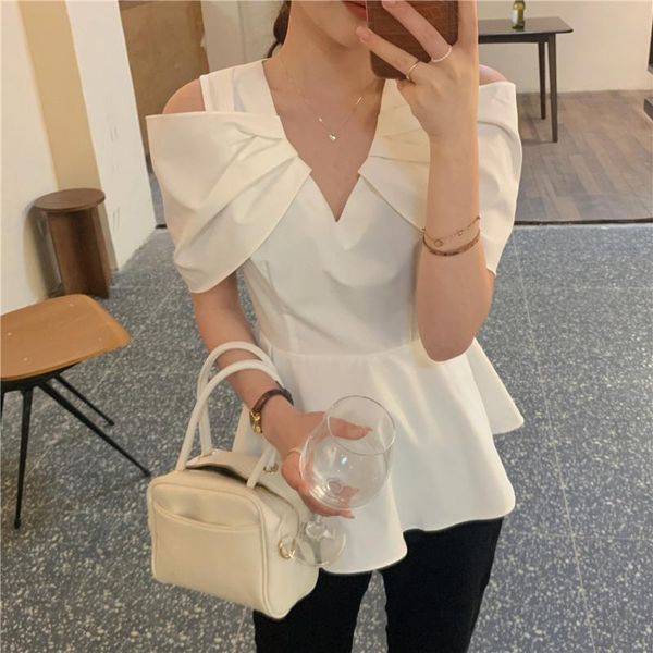 

women's blouses & shirts alien kitty 2021 summer irregular elegance short sleeves blouse femme chic all match lady fashion women v-neck, White