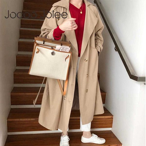 JOCOO JOLEEE DONNA DONNA DOPPIO BRESTED Trench Coat con cintura Classico Collare classico Collare Lungo a vento lungo Russia Style Chic Outwear 210619