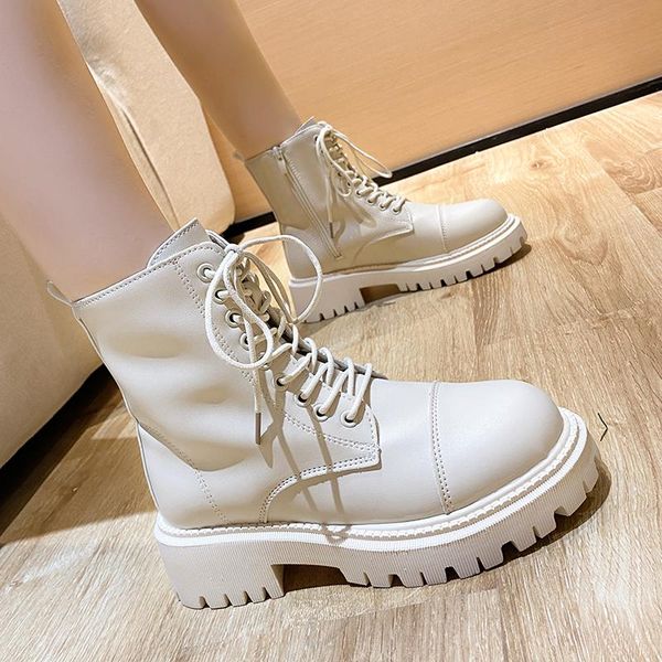 

boots platform women shoes round toe ankle punk style motorcycle black beige botas mujer