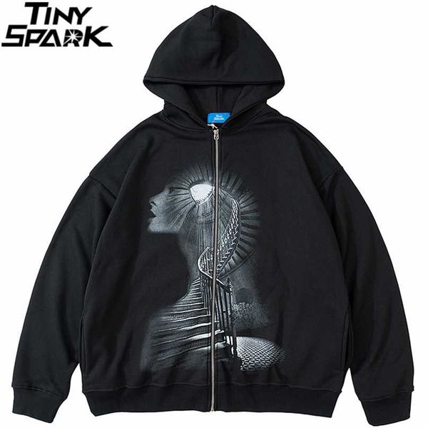 

men hip hop hooded jacket streetwear dark style stairs print coat autumn harajuku cotton outwear black 211217, Black;brown