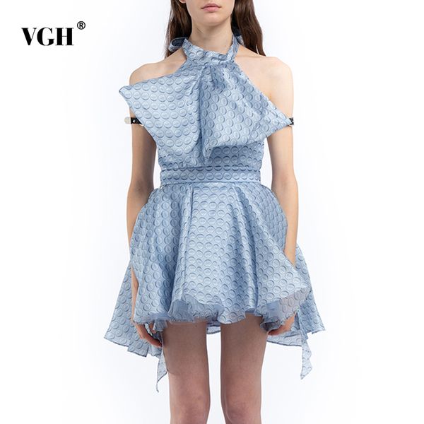

vgh blue print lace up bowknot dress for women halter sleeveless high waist backless mini dresses female new summer fashion 210421, Black;gray
