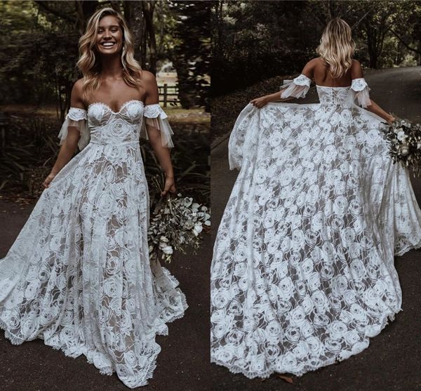 2021 Abito da sposa in pizzo floreale country Boho Sweetheart Maniche staccabili Abiti da sposa bohémien Plus Size Abiti da sposa da spiaggia Vestido De Noiva Rustico AL9009