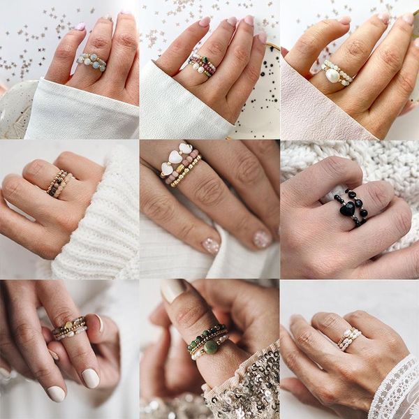 

cluster rings bohemian ring set natural stone freshwater pearl stainless steel beads imitation moonstone crystal for women gifts, Golden;silver