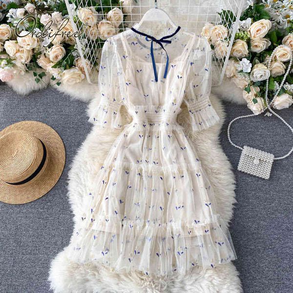 

summer vintage women floral mini sleeve mesh short tulle dress 2 pieces 210415, Black;gray