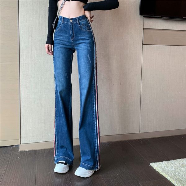 

2021 striped retro leg wide female jeans loose korean style high waist button with blue zipper