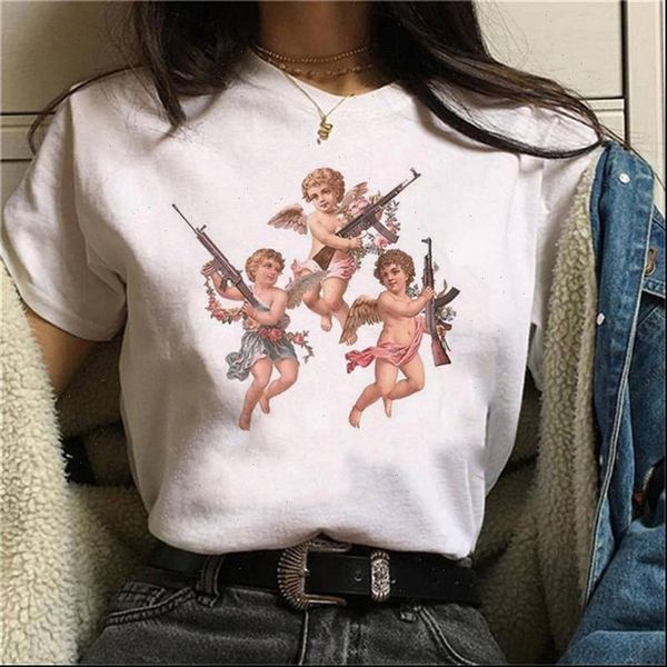 

fashion angel womens t shirt 90s women kawaii print o neck vintage vogue ullzang cotton, White