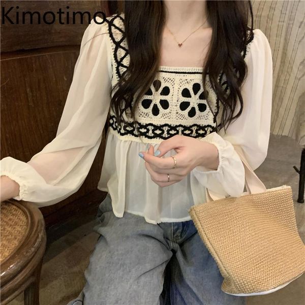 

women's blouses & shirts kimotimo embroidery chiffon blouse women summer 2021 design patchwork ruffle crop korean loose puff long-sleev, White