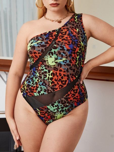 

plus one shoulder sheer mesh insert leopard bodysuit 80ai#, Black