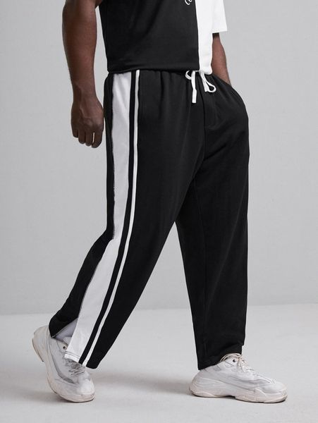 

extended sizes men drawstring waist striped side split hem sweatpants j6pa#, Black