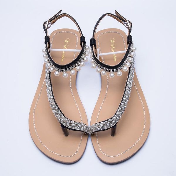 

women`s summer beach pearl shoes lady boho sandals woman slippers thong flip flops casual peep toe plus size, Black