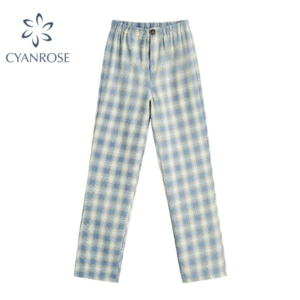 

women baggy plaid wide leg pants casual high waist elastic full trousers harajuku plus size street stylish hip-hop long pants 210417, Black;white