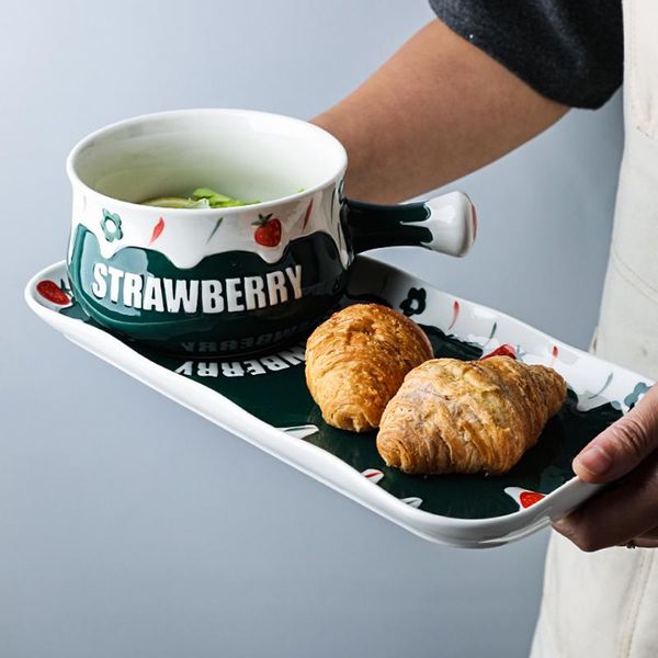 

dishes & plates embossed ceramic creative tableware set handle bowl nordic style breakfast mugs dessert plate milk salad with