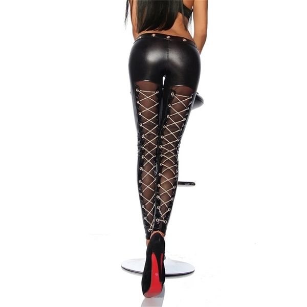 Pantaloni lunghi skinny da donna in PU Catene trasparenti in ecopelle di seta Lace-Up Cross Steampunk Sexy Clubwear Leggings neri Solo 210925