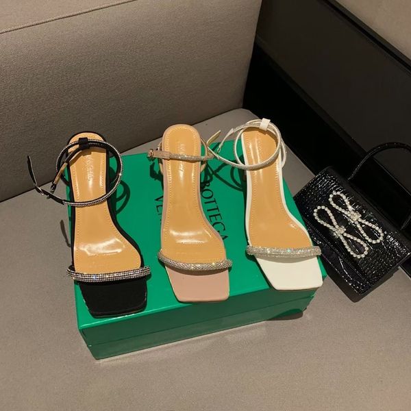 

sandals fashion women rhinestone open toe ankle strap thin high heels summer dress shoes black/beige/white slides sandal ro09