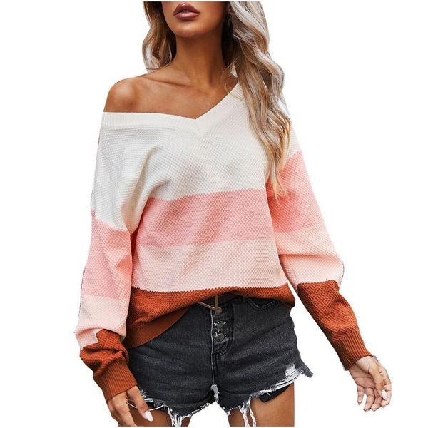 

women's sweaters patchwork-colors pullovers for women autumn winter kintting long-sleeved striped v neck sweater tricot chandail ckbt, White;black