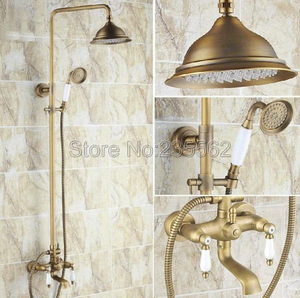 

antique brass bathroom shower faucet set mixer tap rain & handheld wall mounted bathtub faucets lrs144 sets