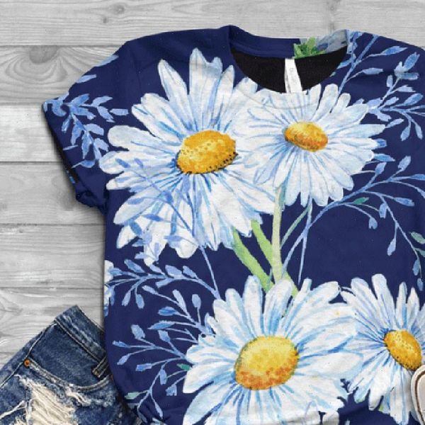 

women plus size daisy printed t shirt short sleeve 3d animal print summer lady o neck tee streetwear camisetas, White