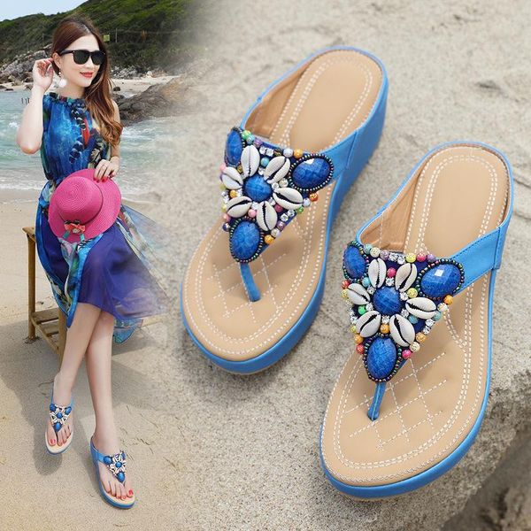 

slippers leisure open toe women platform flip flops string bead med outdoor summer casual ladies shoes, Black