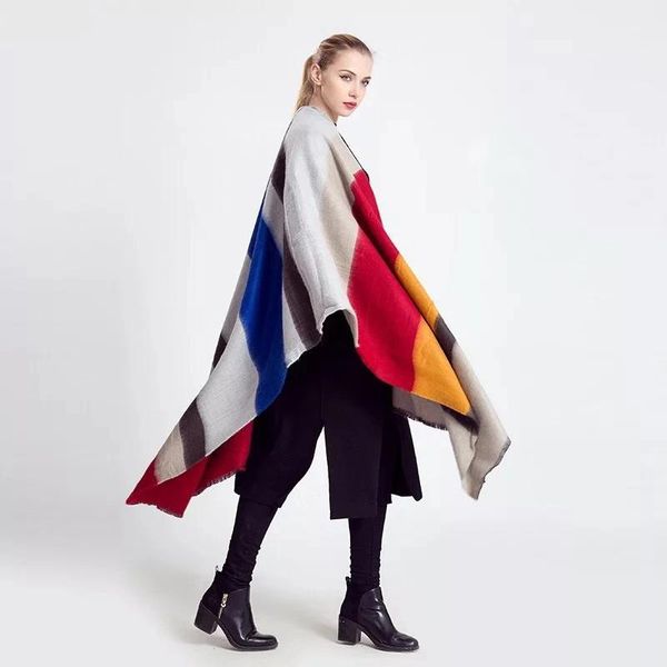 

scarves autumn and winter cashmere scarf color wide stripe european american style comfortable warm shawl thick girl, Blue;gray