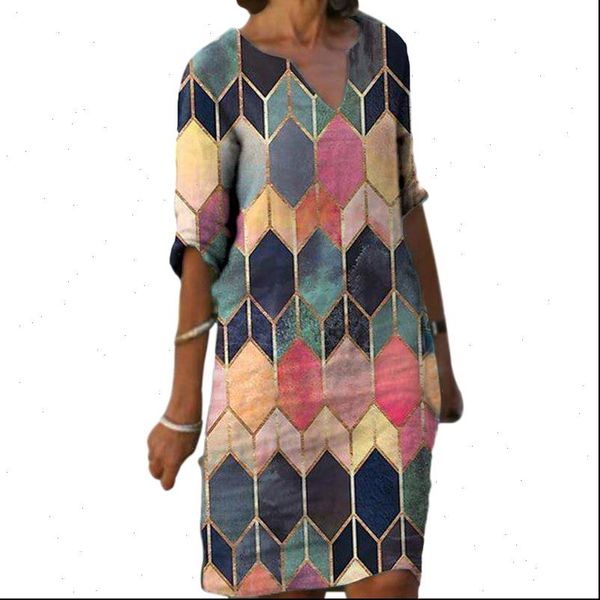 

women loose dress print summer v neck half sleeve dresses female vintage straight vestidos good quality, Black;gray