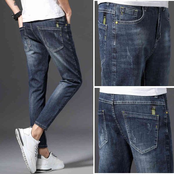 

cropped jeans men's spring and summer thin slim fit small foot pants elastic casual 2021, Blue