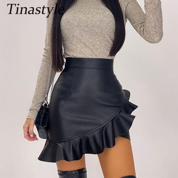 

skirts tinastyle black ruffles woman leather high waist skinny pleated womens 2021 casual mini skirt mujer faldas