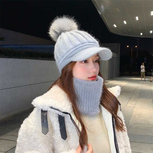 

wool women's thick warm hats scarf set hair ball knit caps female cycling windproof beanie skullies visor 211119, Blue;gray