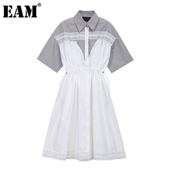 

[eam] women contrast color spliced drawstring midi dress lapel short sleeve loose fit fashion spring summer 1dd8544 21512, Black;gray