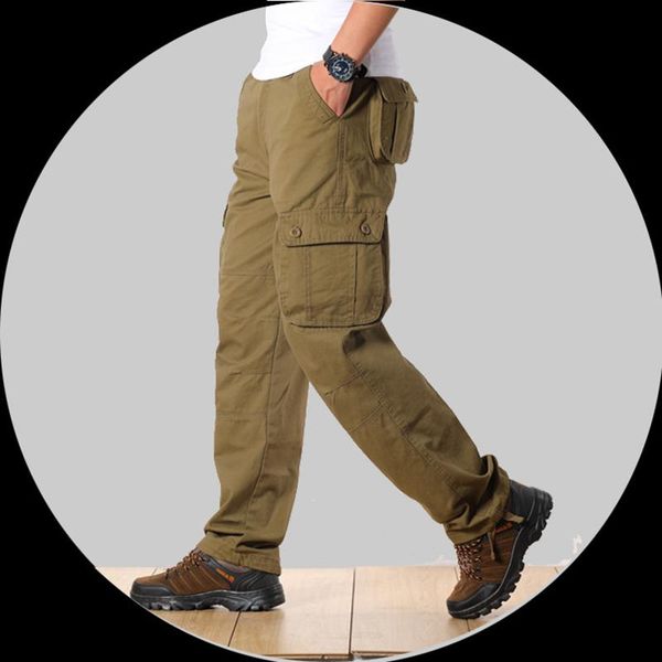 

men's pants casual trousers multi-pocket loose outdoor solid color plus size cargo cotton straight youthful sports, Black