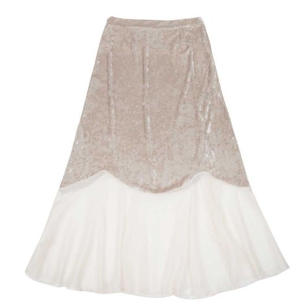

perhaps u velvet chiffon patchwork mid-calf ruffle asymmetrical beige black empire mermaid skirt s0113 210529