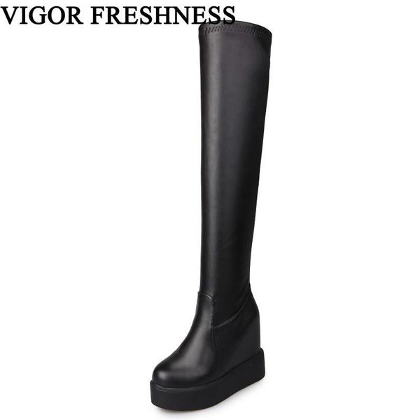 

boots vigor freshness woman shoes platform 11.5cm heels winter knee high women height increasing autumn wy567, Black