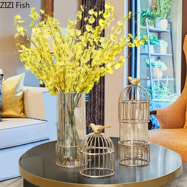 

vases creativity metal bird cage glass vase golden candlestick candle holder modern home craft furnishings decoration accessories