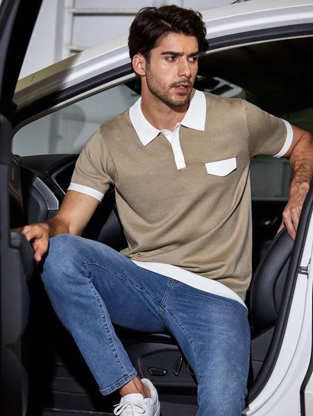 

men contrast panel knit polo shirt e60s#, White;black