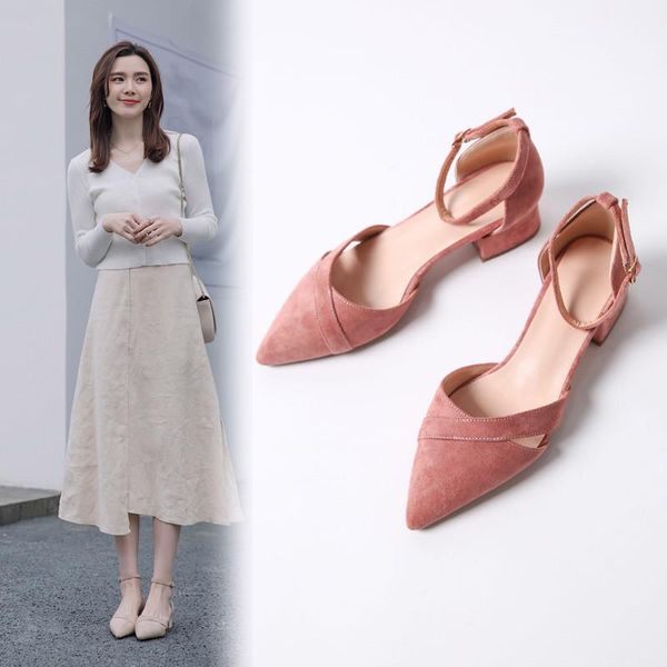 

dress shoes yqbtdl 2021 fashion summer med block heel pointed toe suede ankle strap womens pumps pink black leisure chunky heels
