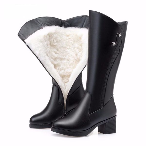

women snow boots shoes wool warm genuine leather round toe knee-high fur platform for winter, Black