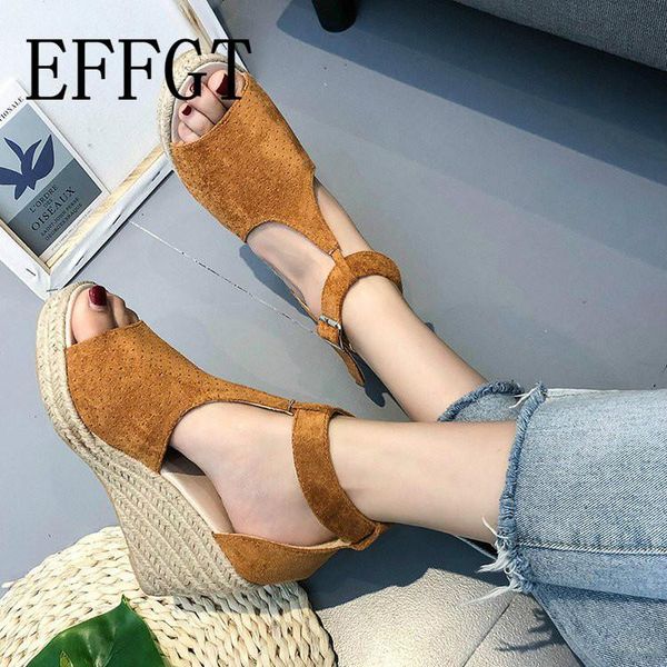 

summer women shoes straw rope wedge casual sandals fashion fish mouth solid color buckle open toe a64, Black