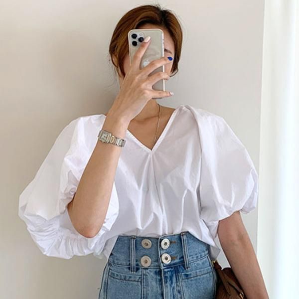 

women's blouses & shirts [ewq] 2021 summer elegant v-neck puff sleeve womens and blouse korea loose all-match casual white shirt laides