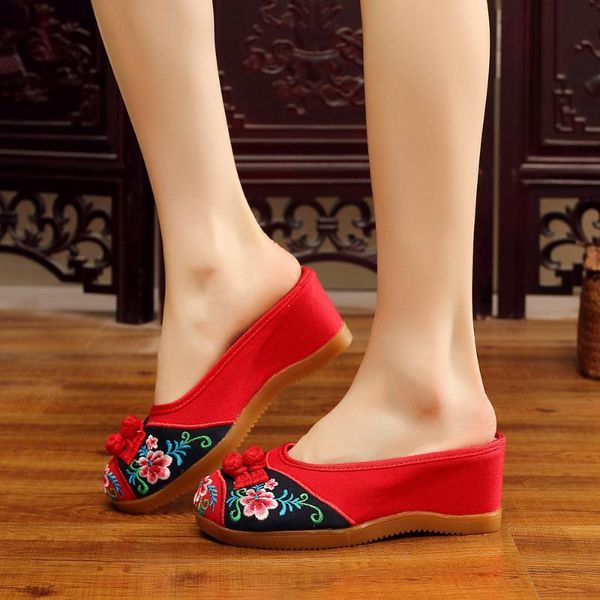 

slippers vintage chinese knot ladies canvas embroidered wedge shoes mid heel women comfort summer autumn mules platform slipper close toe, Black