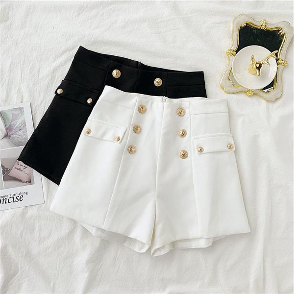 

women's shorts casual high waist women autumn winter korean double-breasted a-line wide-leg short solid office ladies bottom 2021, White;black