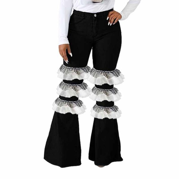 

women's jeans high waist skinny flare lace stitching bell bottom streetwear wide leg trousers, Blue