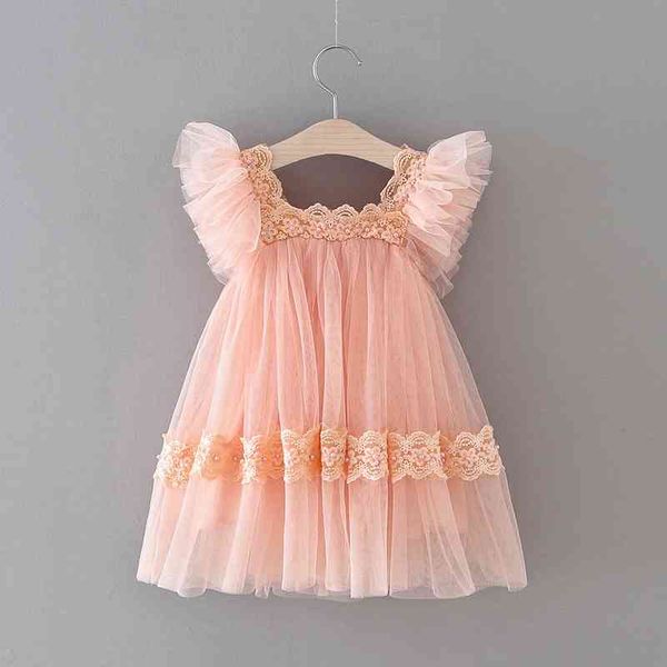 

summer girls pearl lace dress flying sleeve kids ruffles children birthday for party 210529, Red;yellow