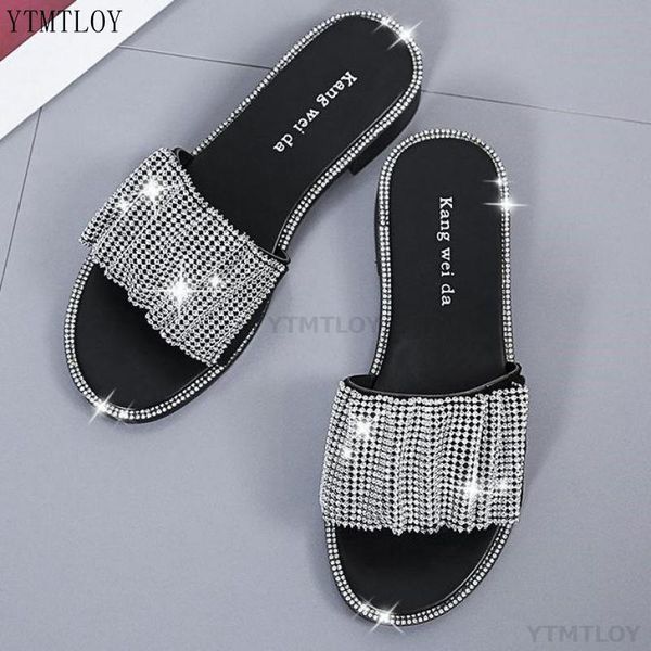 

rhinestone slippers women fashion wild beach flip flops bright flat bottom outdoor ytmtloy zapatillas mujer casa, Black