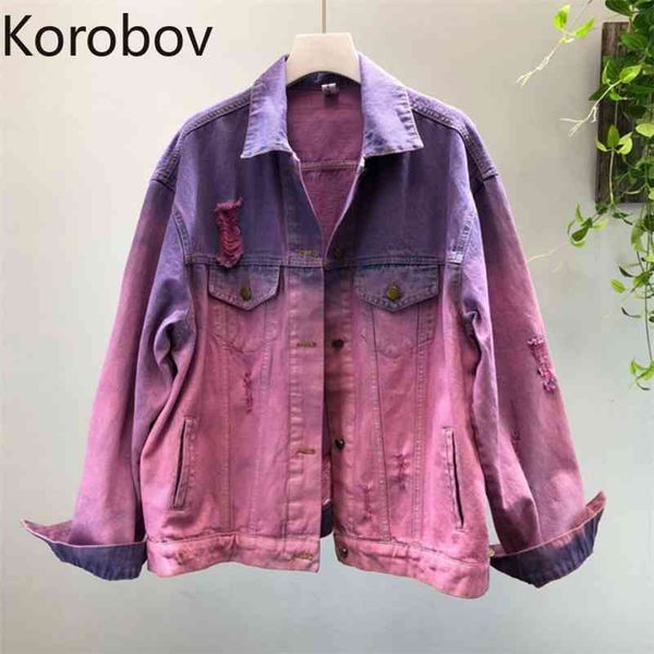 

korobov autumn winter new arrival hit color denim jacket harajuku pink purple patchwork jean coat high street bomer jacket 79007 210430, Black;brown