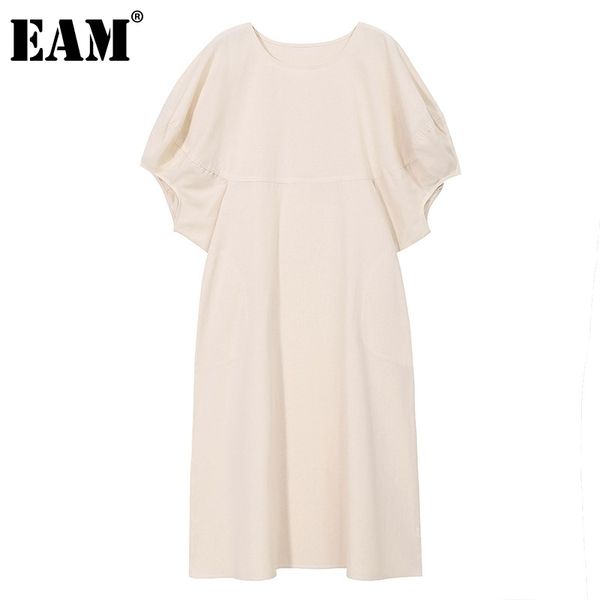 

[eam] women apricot big size long casual dress round neck half sleeve loose fit fashion spring summer 1dd8697 210512, Black;gray