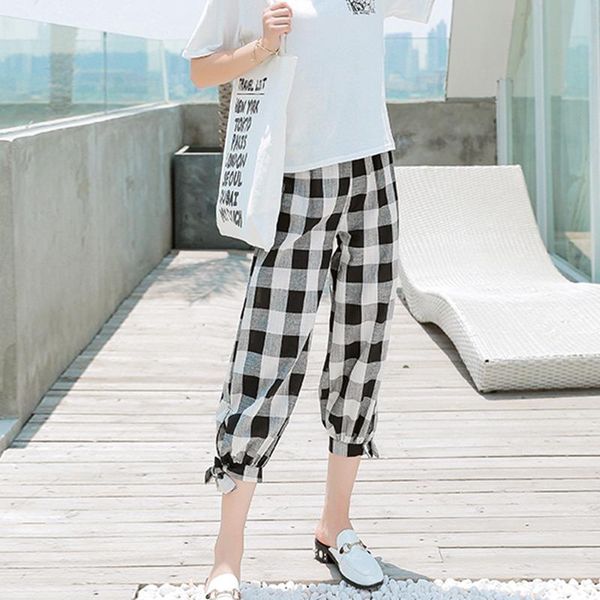 

women's pants & capris 2021 women casual plaid print elastic waist retro turnip harem loose lace up high ankle-length trousers s-2xl, Black;white