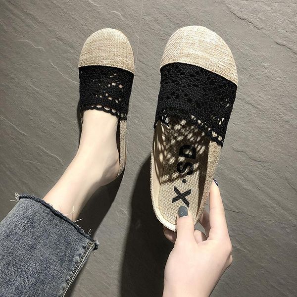 

slippers net red female summer sandals and literary retro linen lace hollow pregnant women's shoes breathable half-support t732, Black